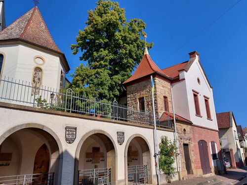 Blick auf die historische Gebäude in Deidesheim unter blauen Himmel, umgeben von Bäumen und architektonischen Details.