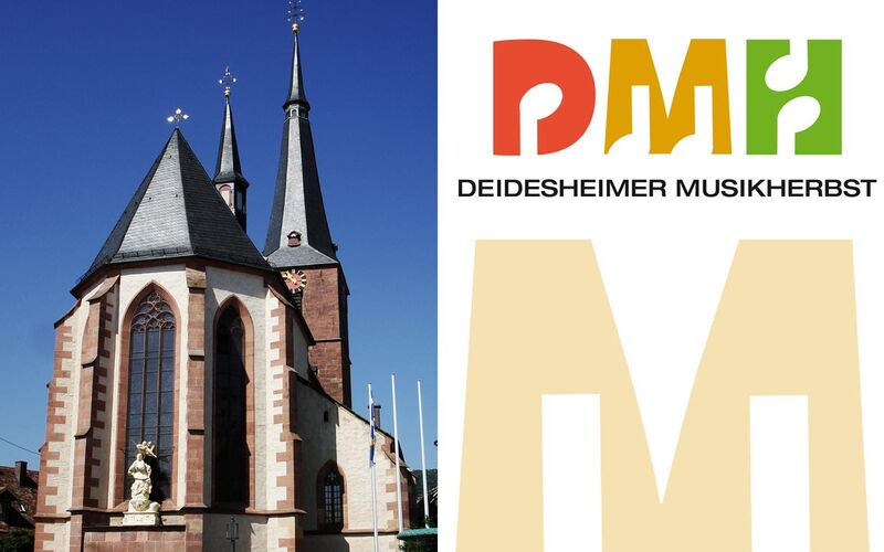 Gotische Kirche und daneben Schriftzug Deidesheimer Musikherbst