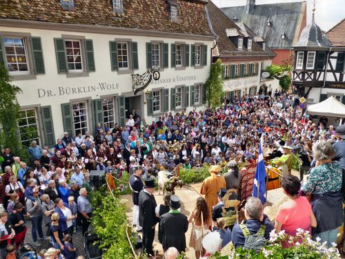 Menschen, blicken auf Tribüne mit historisch gekleideten Darstellern und dem Deidesheimer Geißbock vor historischem Ortsbild