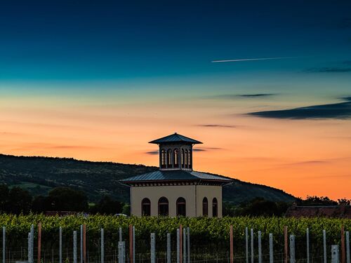 Das Teehaus in Ruppertsberg steht majestätisch vor einem farbenfrohen Sonnenuntergang über den Weinbergen.