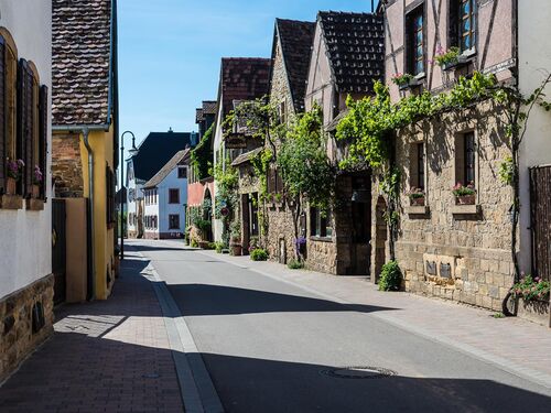 Ein malerischer Straßenblick von Ruppertsberg mit charmanten Häusern und üppigem Grün im sonnigen Licht.
