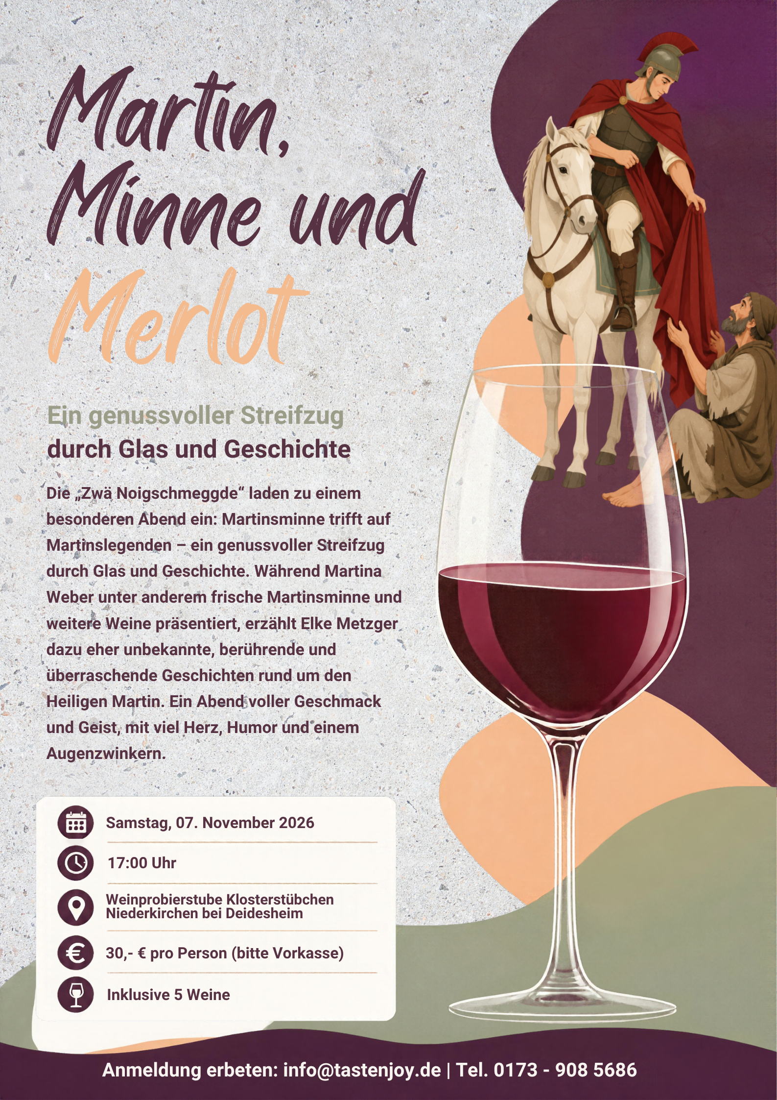 Plakat für die Weinprobe "Martin, Minne und Merlot" mit einem Weinglas und historischen Illustrationen.