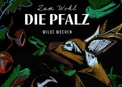 Ein künstlerisches Plakat für die Wildwochen in der Pfalz mit bunten Motiven von Flora und Fauna.